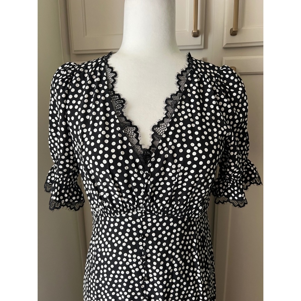 Talbots Polka Dot Lace Trim Midi Dress Black White V-Neck Short Sleeve NWT Sz 2 - Picture 2 of 15